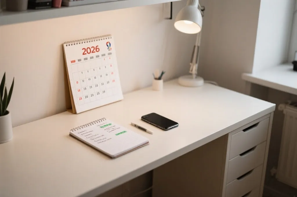 A clean workspace with a calendar showing 2026 World Cup planning and a budget notebook